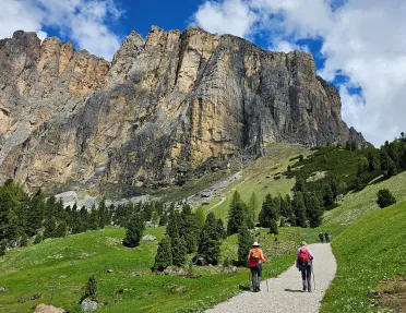 Hikers walking a path towards mountain range