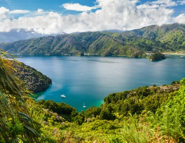 Mountainside view of ocean with boats near the coast