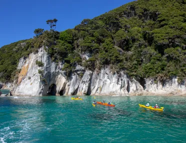 Four kayaks full of people paddling