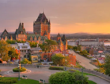 Castle-style buildings in a town center