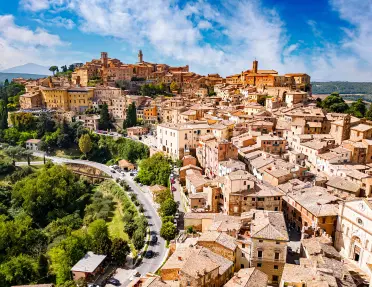 Rustic town full of brick buildings and trees