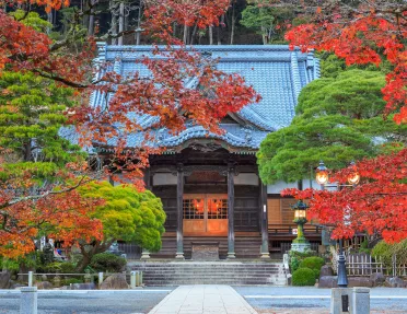 Japanese-style building surrounded by red and green trees