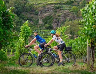 Two women looking at each other, smiling and biking through a vineyard