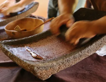 Person using a flat mortar and pestle