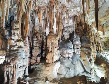 Inside view of a cave with large rocks