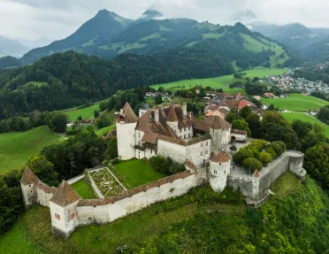 Castle-like building in a large valley, with a forest in the background