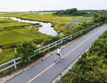 Woman riding a bike on an empty road, with a marsh in the distance