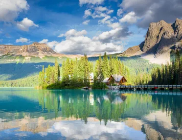 Cabin surrounded by a large lake and tall trees
