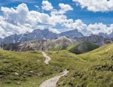 Open valley with dirt trails and tall hills