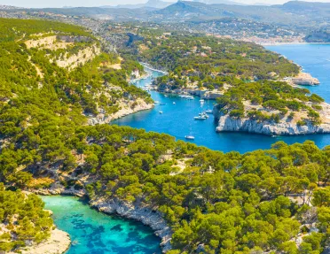 Drone shot of coves of blue water