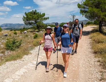 Group of men and women hiking on a dirt, rocky trail with trees surrounding them