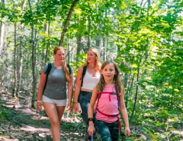 Group of two women and one child walking through a forest with tall, green trees