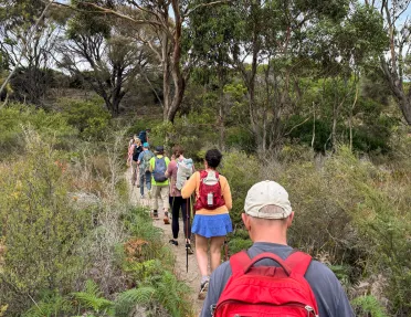 Group of people in a single-file line, hiking on a dirt trail surrounded by plants and trees