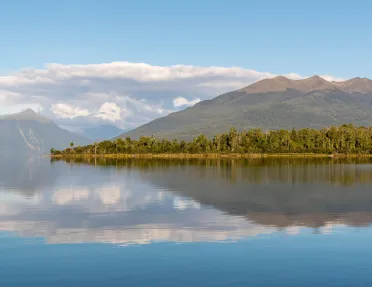Large lake with hills in the background
