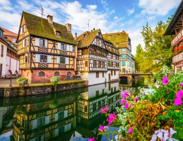 European-style houses in a row by a river canal