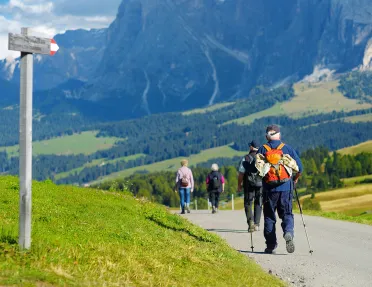 Group of people with walking poles, walking through a road with mountains in the distance