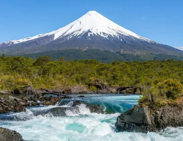 River with small waterfalls, surrounded by tall plants and a snow-capped mountain in the distance