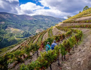 Man and woman hiking up a hill of crop fields