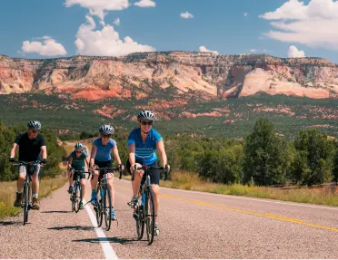Group of 4 family members biking on an empty road, with a large valley and canyons in the background