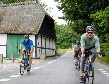 Group of men biking on a road, next to a white hut in the middle of a forest