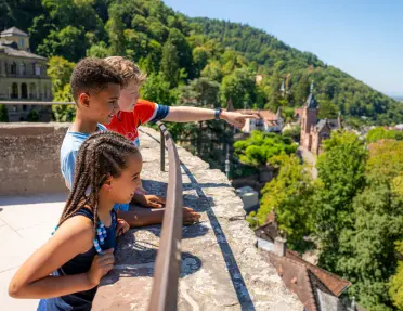 A group of children looking out from a terrace at Heidelberg Castle in Heidelberg, Germany.