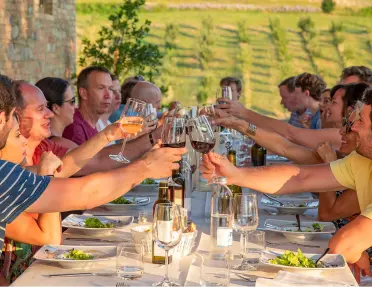 Group of people sitting at a dining table, raising wine glasses to the air