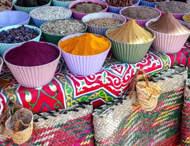 Bright, colored spices and herbs at Oriental Bazaar at Nubian Village, Aswan. Egypt. Africa. 