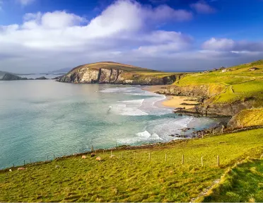 Dingle Peninsula in County Kerry, Ireland featuring a rugged coastline with dramatic cliffs.