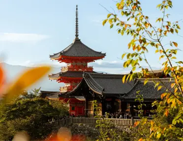 Exterior view of Japanese buildings and a large temple
