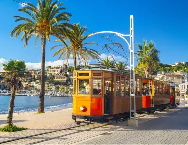Train riding through a town, surrounded by palm trees and the ocean in the background