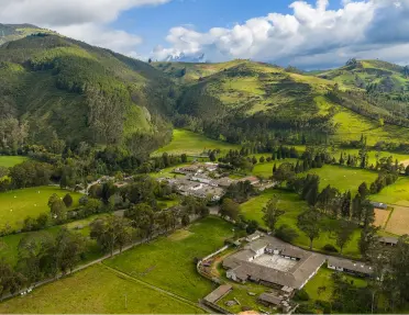 Sky view of a large valley with trees and small houses