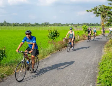 Group of people biking on a road next to a field of grass