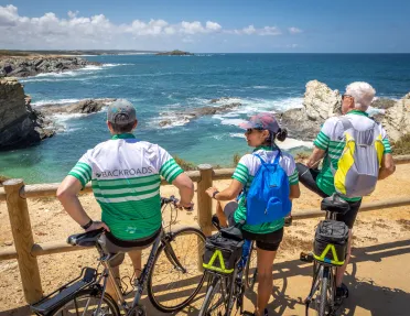 Group of bikers leaning on railings, looking out towards the ocean
