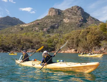 Two people paddling on a yellow kayak on a lake