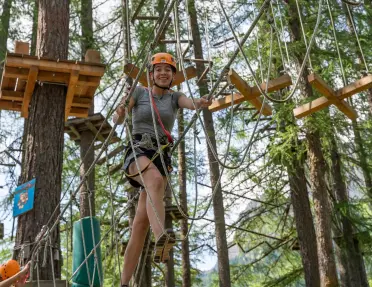 Participant wearing a helmet and safety harness navigates a suspended rope obstacle course high among tall pine trees at an outdoor adventure park.