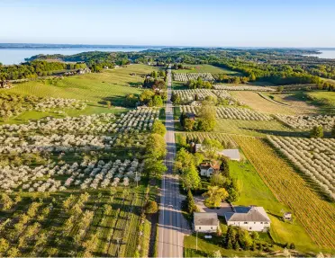Sky view of long road surrounded by houses and crop fields
