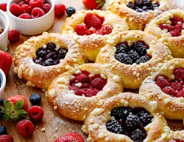 Assortment of fruit-filled pastries topped with powdered sugar and crumble, featuring strawberries, raspberries, blueberries, and blackberries arranged on a wooden table alongside fresh berries.