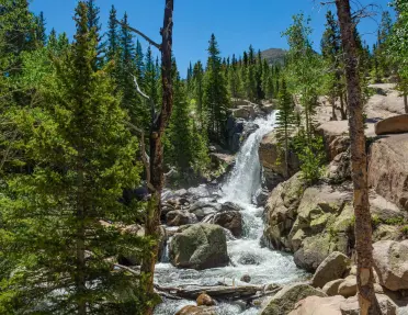 Mountain waterfall cascading over large granite boulders in Rocky Mountain National Park, surrounded by evergreen trees and rocky terrain beneath a clear blue sky.