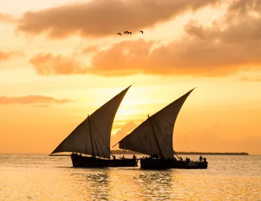 Two boats in the ocean with the sunset in the background