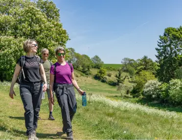 Two women and one man walking on a dirt trail with trees behind them