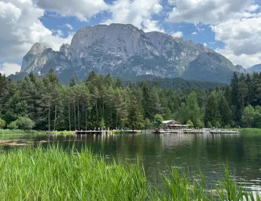 Mountain lake bordered by reeds and dense pine forest, with a dramatic limestone massif rising behind the shoreline. The calm water reflects the surrounding landscape beneath a sky filled with scattered clouds.