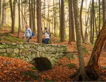 Two women hikers walking across a moss-covered, dry stone arch bridge spanning a small creek in a forest.