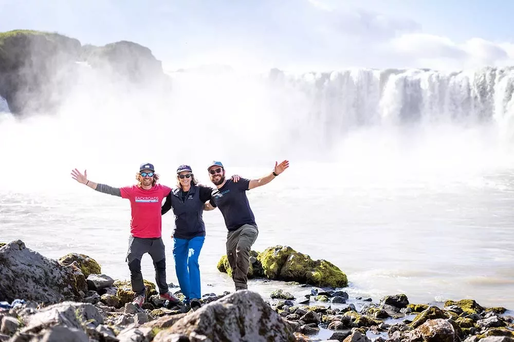 Iceland Ocean Cruise Walking &amp; Hiking Tour - Trio by waterfall
