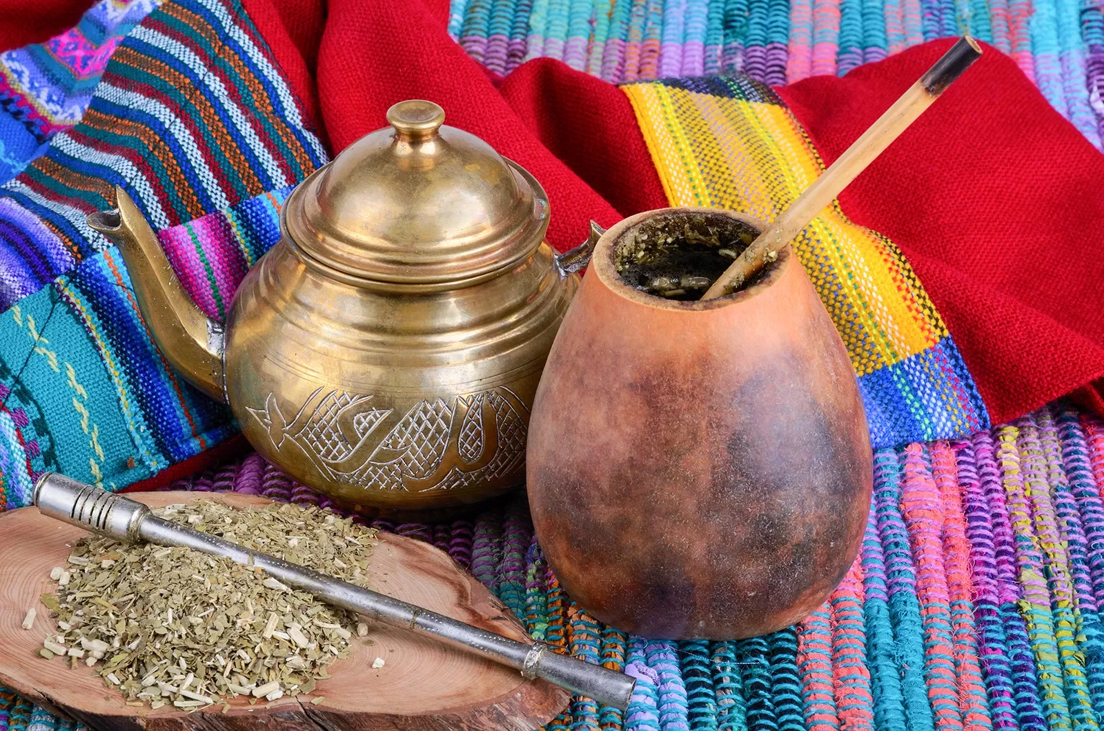 Close-up of dry yerba mate infusion pot and gourd.