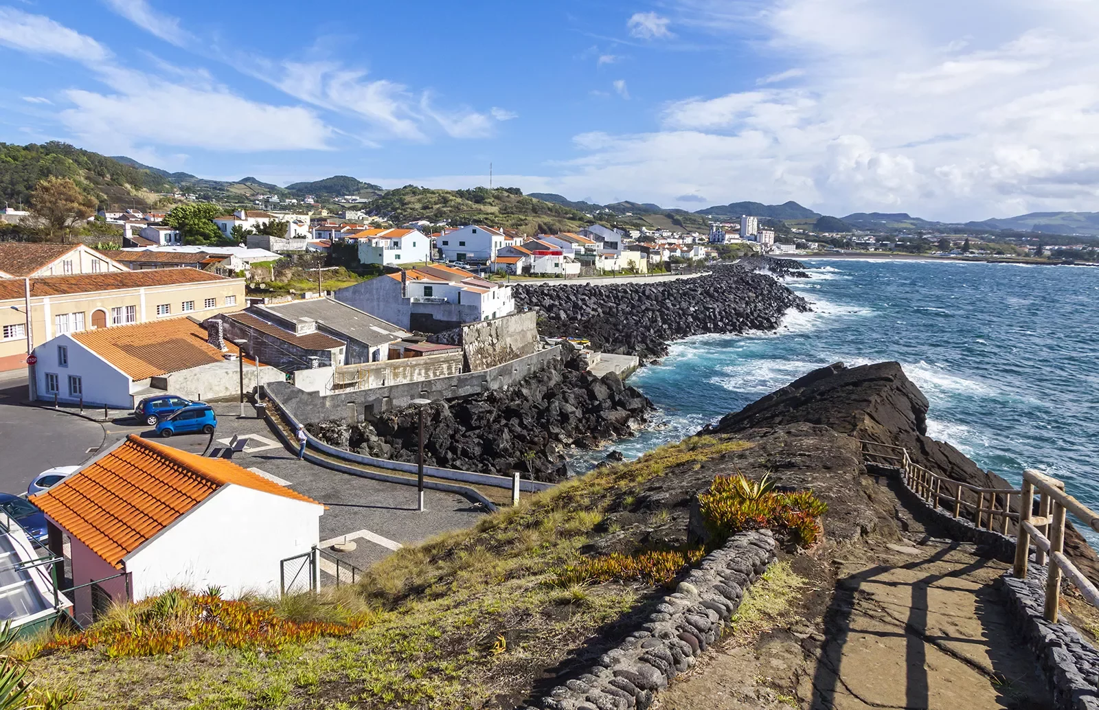 View on Ponta Delgada city and Atlantic ocean coast on Sao Miguel island, Azores, Portugal