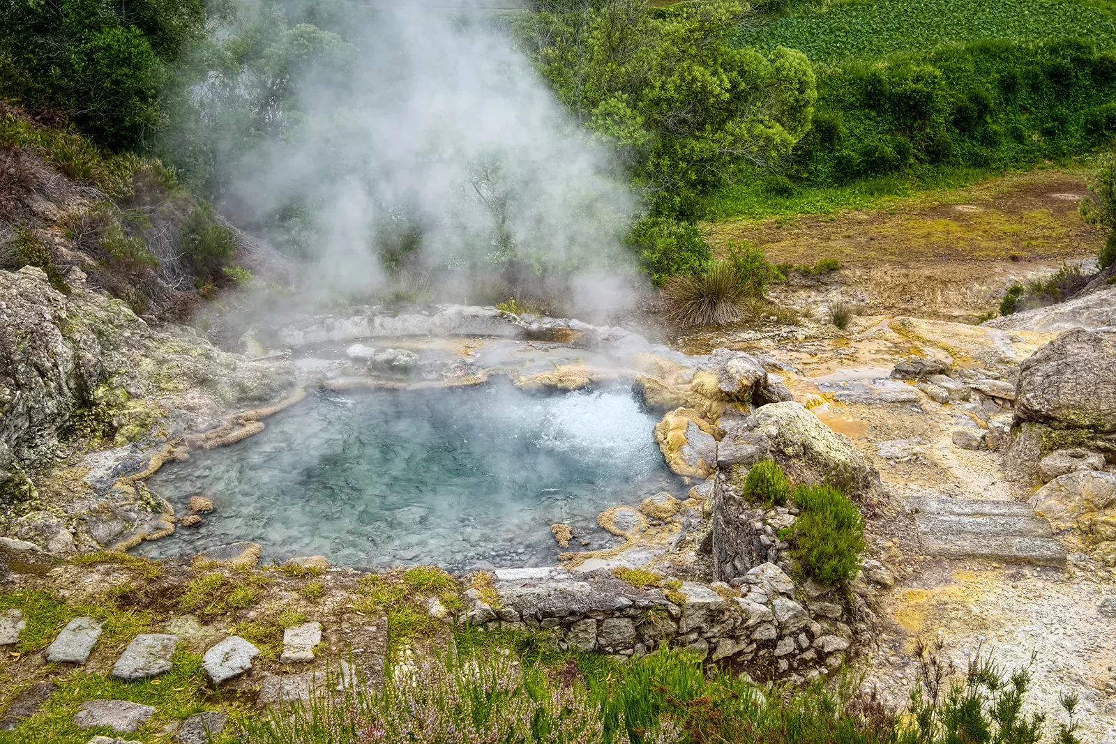 Natural geyser of boiling mineral water and evaporation, located at side of Furnas town on Sao Miguel island of Azores, Portugal.