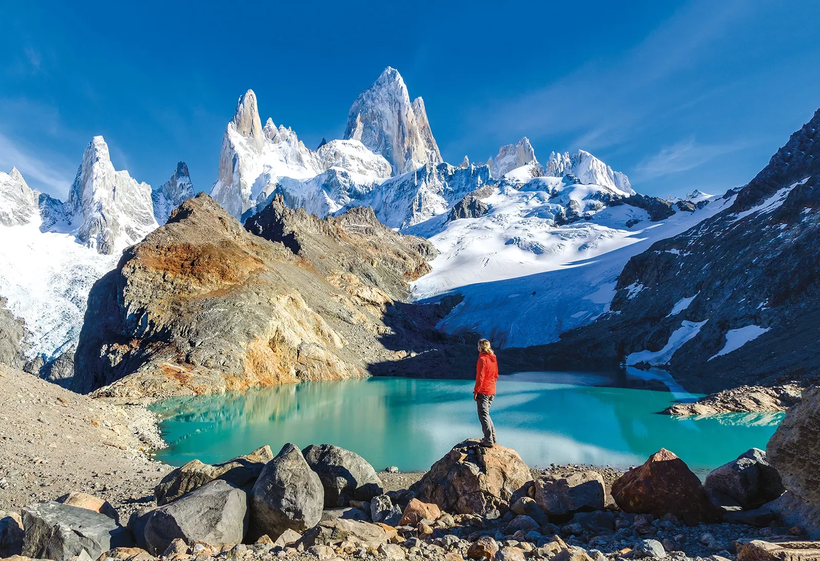 Clear blue lake in Patagonia mountains.