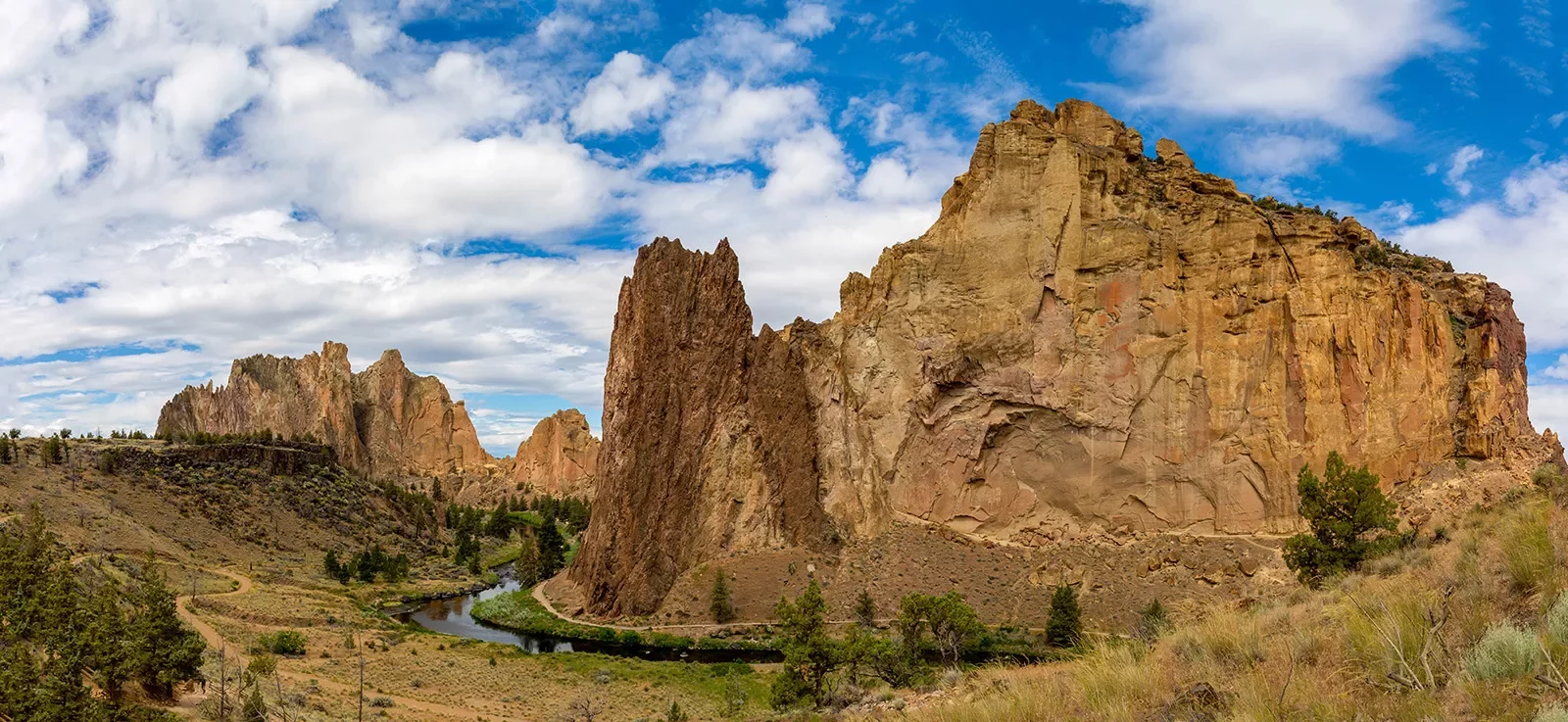 Wide shot of Smith Rock State Park.
