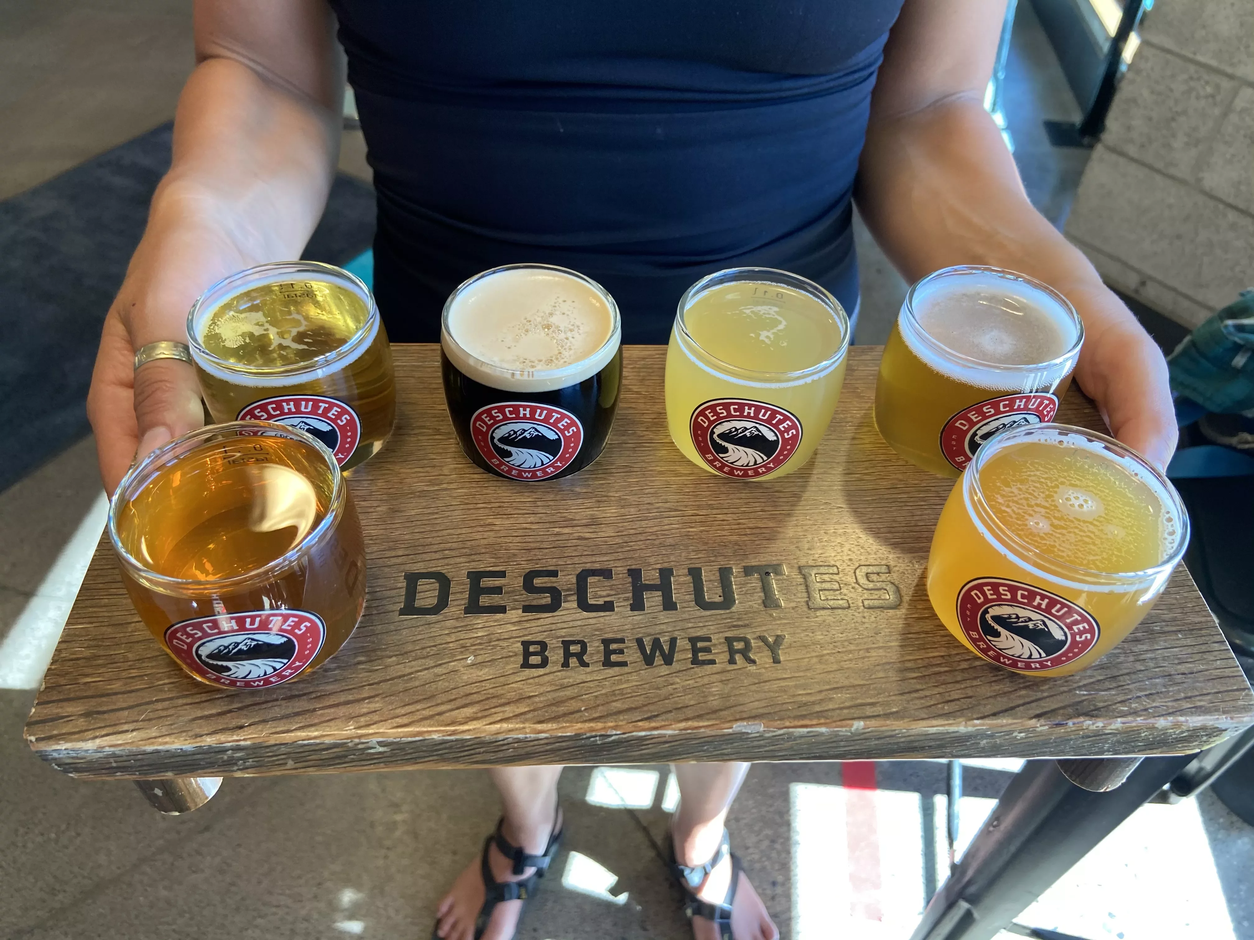 Flight of beers at Deschutes Brewery