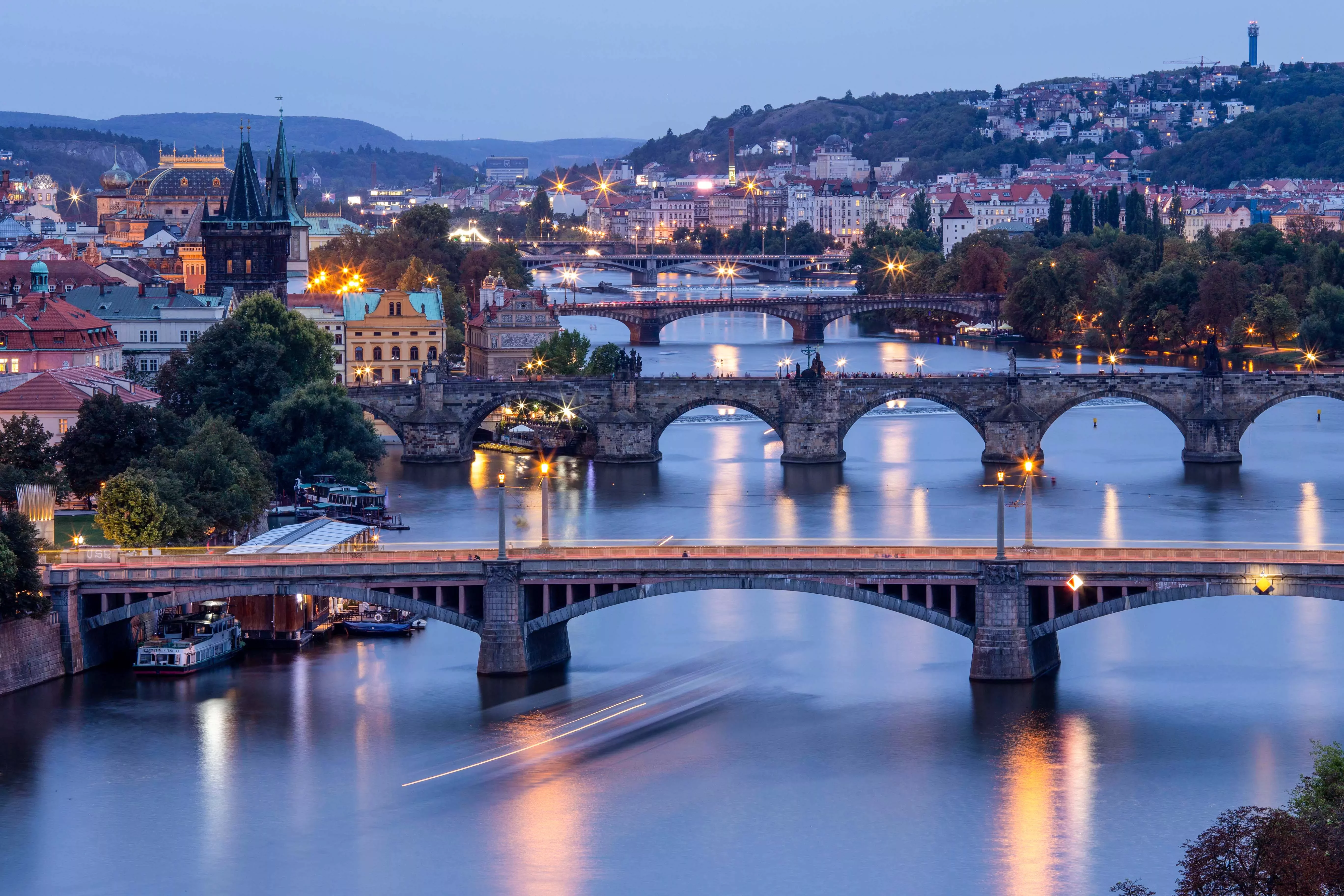 Nighttime view of Charles Bridge in Prague.